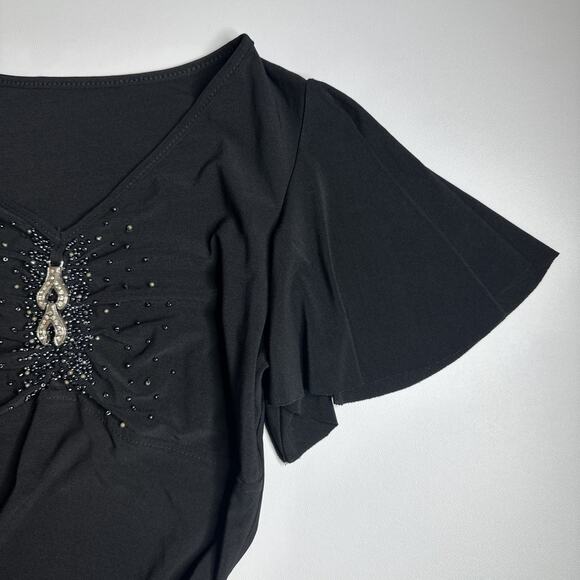 Y2K McBling Black Beaded Flutter Sleeve Top S Rhinestone Pendant Glam Baddie - Picture 7 of 12